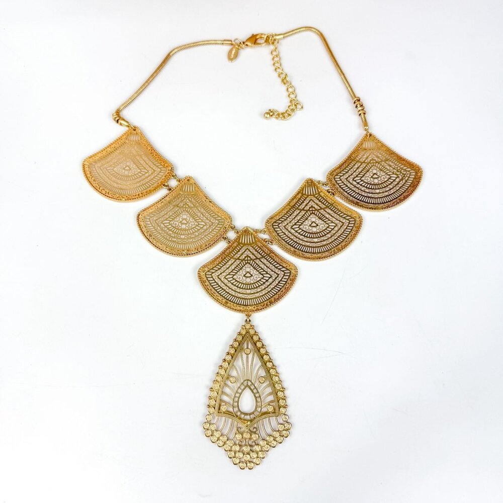 Chicos Gold Tone Eastern Filigree Bib Necklace Boho Statement